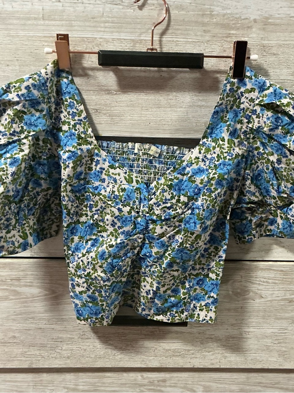 Blue and Green Floral Puff-Sleeve Crop Top